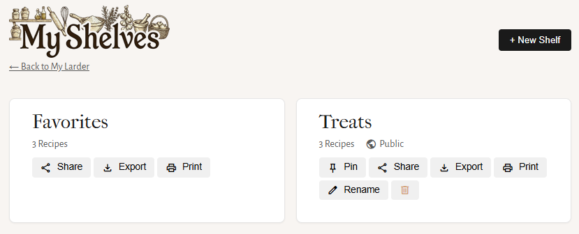 Shelves management page