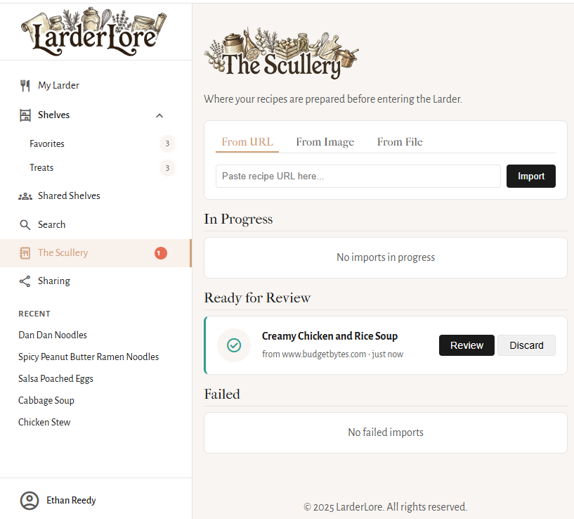 The Scullery page showing pending imports